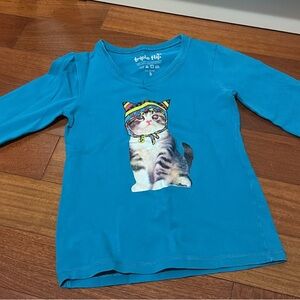 Teal Long Sleeve Kids Tee with Cat Print